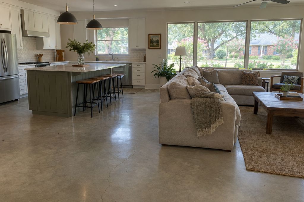Open-plan living area of a 1980s house with a lightly polished concrete floor