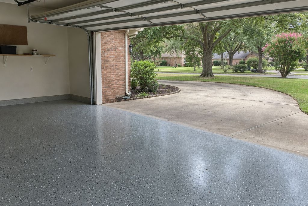 Side-entry garage of a brick house with a fresh gray polyaspartic floor, door open to a shaded driveway