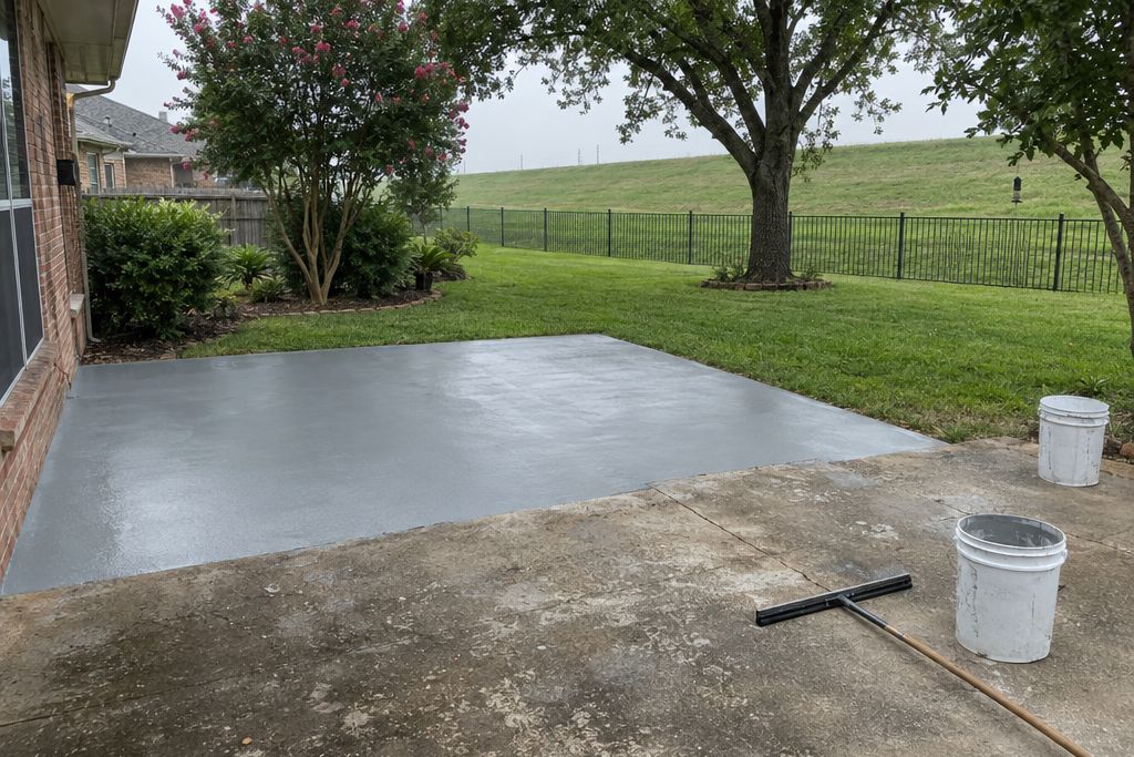Patio slab being resurfaced near a grassy levee, with a squeegee and buckets