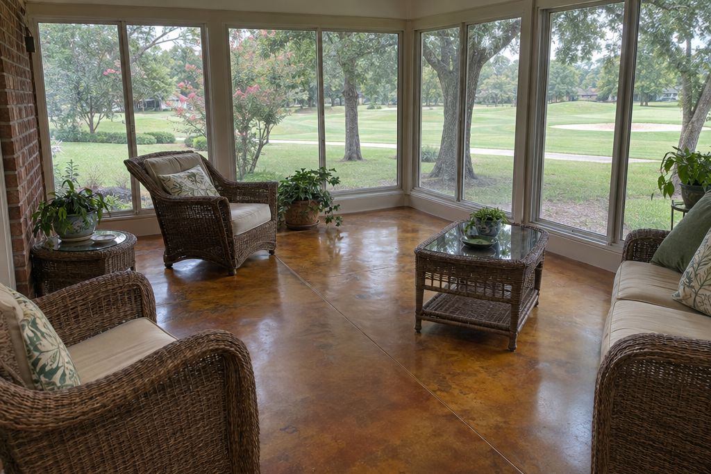 Sunroom of a 1980s brick house with an amber stained concrete floor and wicker chairs