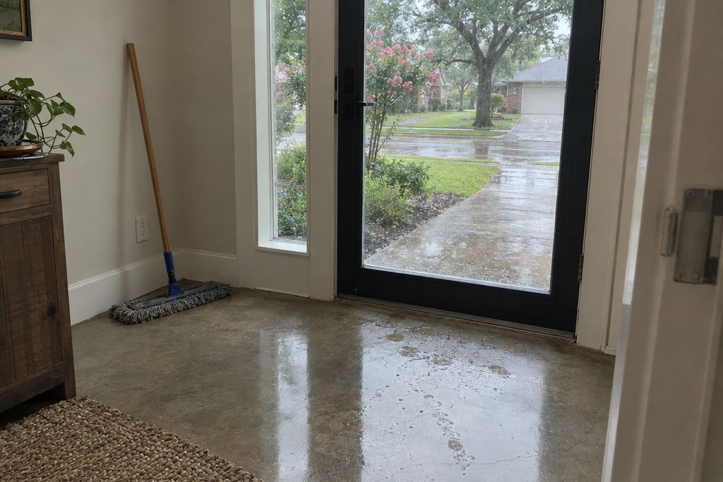 Polished concrete entry floor by a glass door with a wet patch tracked in from rain and a dust mop leaning nearby