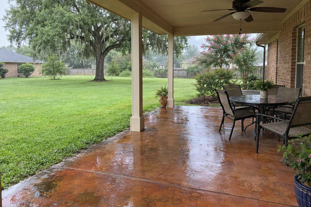 Back patio of a ranch house with a terracotta-toned stained concrete slab, wet after rain, under a covered porch