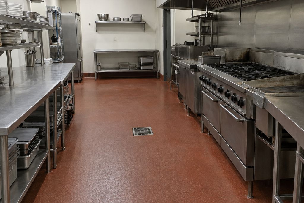 Commercial restaurant kitchen with a red-brown urethane cement floor, a coved base up the wall and a floor drain grate