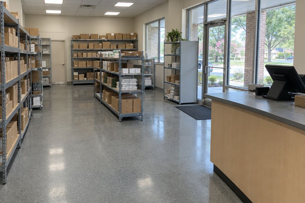 Retail shop with a gray quartz broadcast epoxy floor, plain shelving with unlabeled boxes and bright overhead lights
