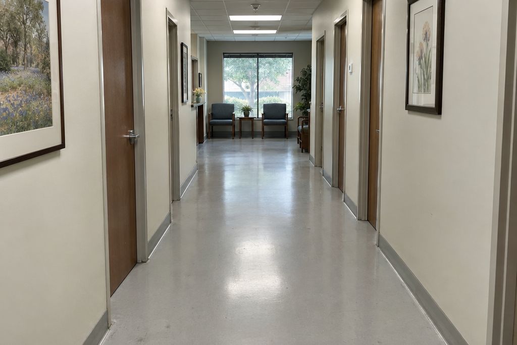 Medical office corridor with a light gray epoxy floor and plain doors