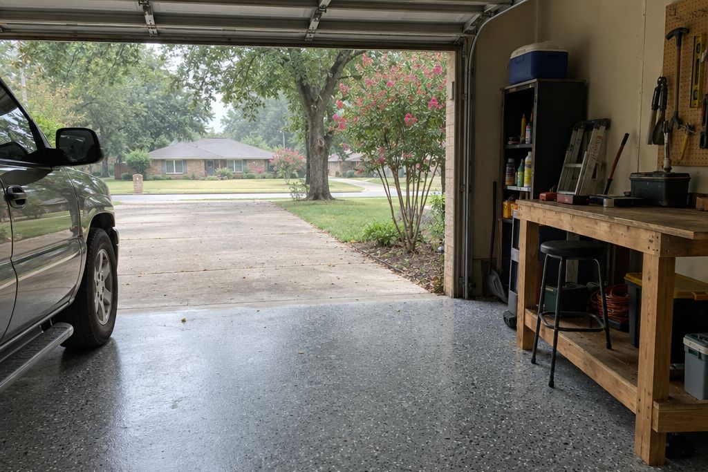 Garage of an older 1970s brick house with a gray flake epoxy floor, a pickup and a workbench