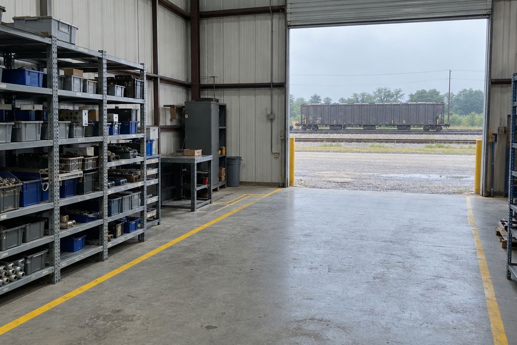 Metal industrial building near rail tracks with a gray coated floor and a roll-up door open to the tracks