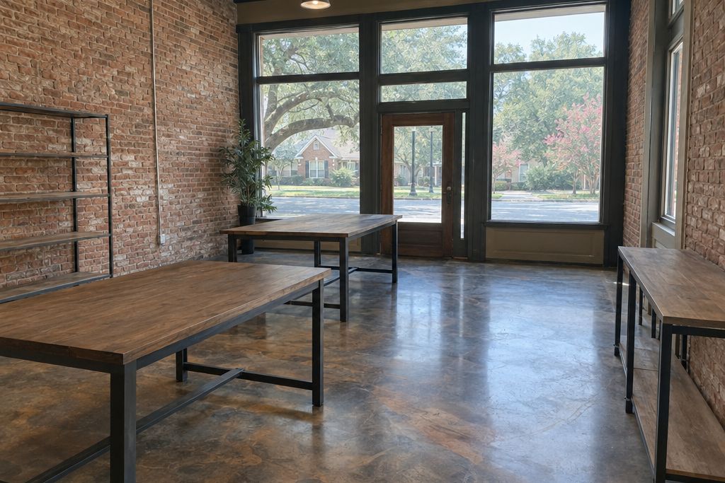 Historic brick downtown storefront interior with a bronze metallic epoxy floor and exposed brick walls