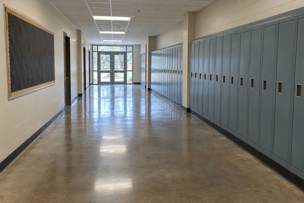 School hallway with a polished concrete floor and a row of plain lockers