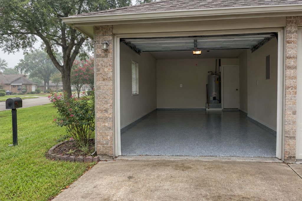 Rental duplex garage with a fresh gray polyaspartic floor, the door open on a humid morning