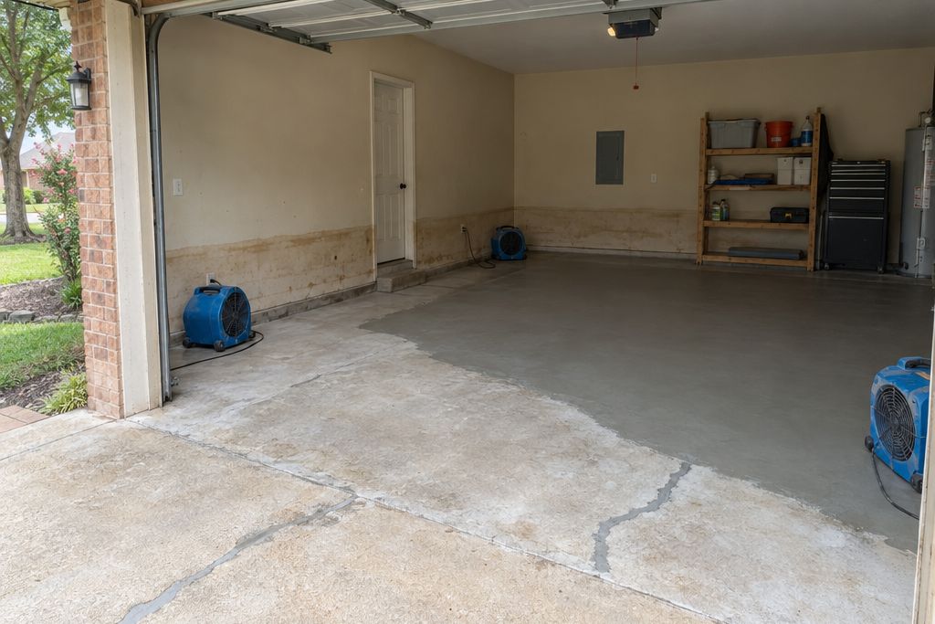 Garage slab near the river after flooding, with a waterline on the wall and a fresh resurfacer