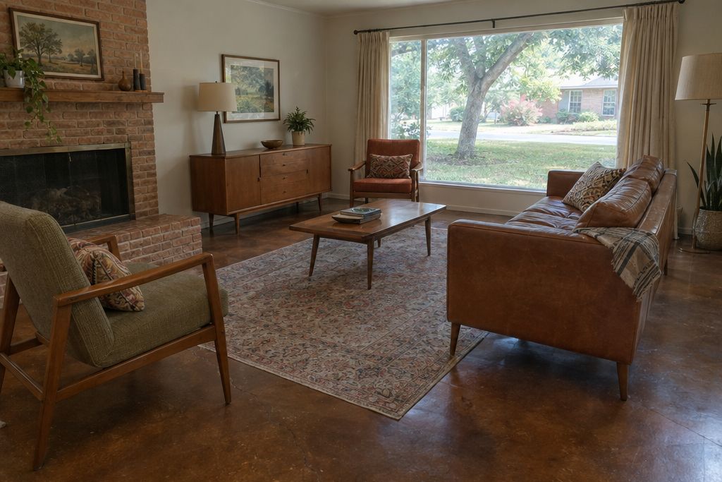 Living room in a 1960s house with a dark brown stained concrete floor and mid-century furniture