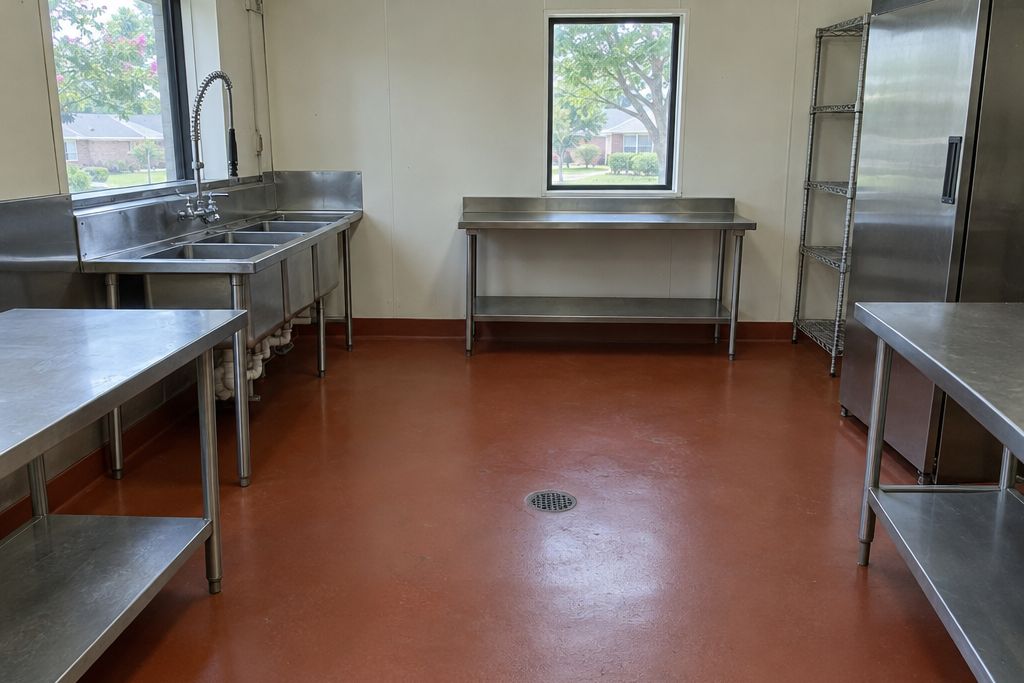 Food shop kitchen with a red quarry-colored urethane cement floor and coved base
