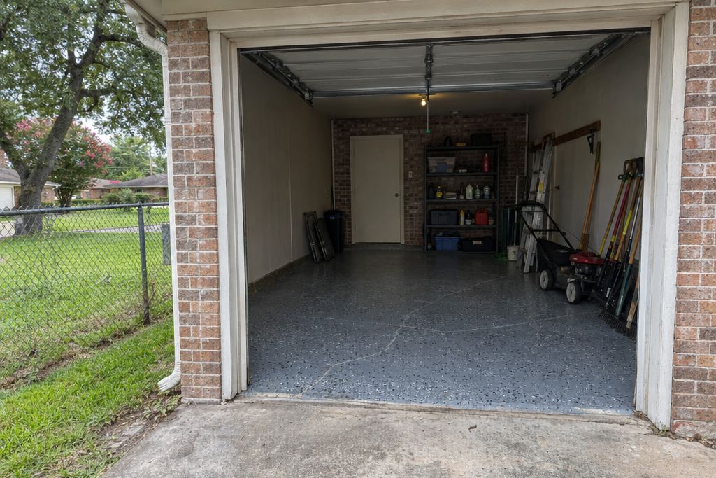 Garage of a 1950s small brick house with an older slab coated in gray flake epoxy
