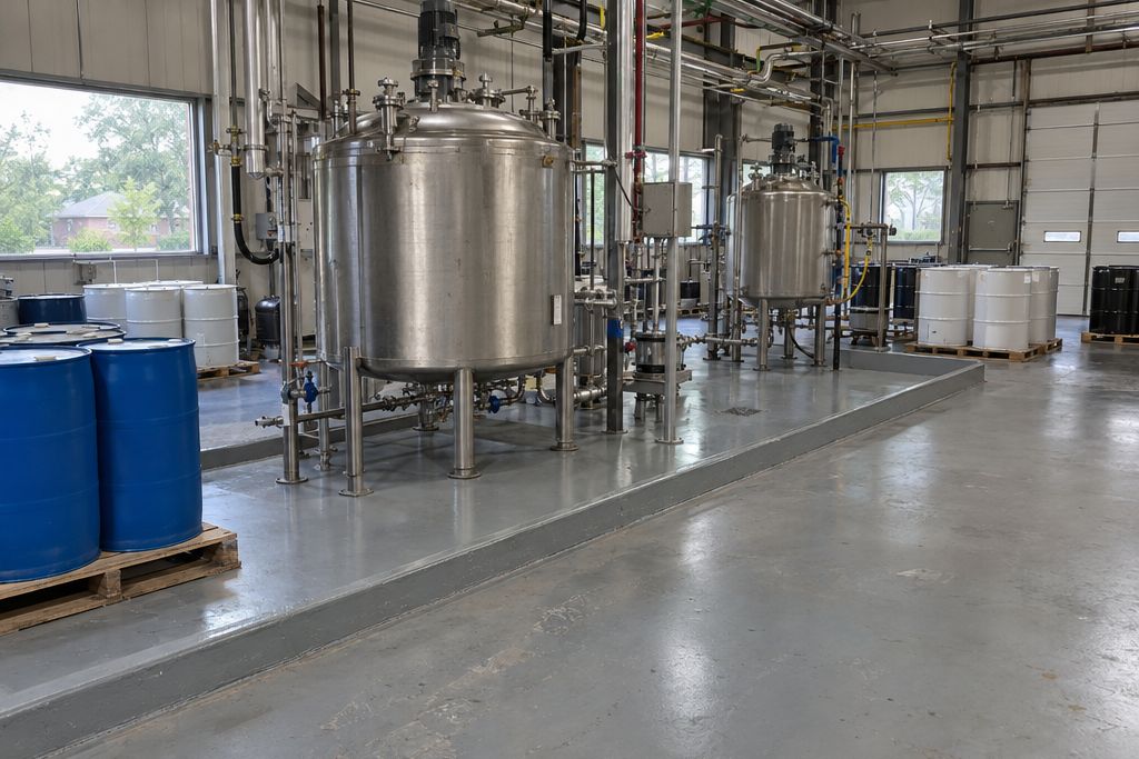 Chemical blending plant interior with a coated floor, containment curbs and plain drums