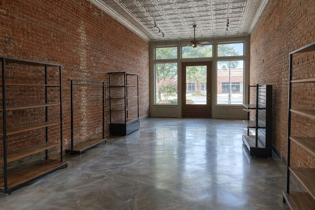 Historic downtown brick storefront boutique with a silver-gray metallic epoxy floor and a pressed tin ceiling