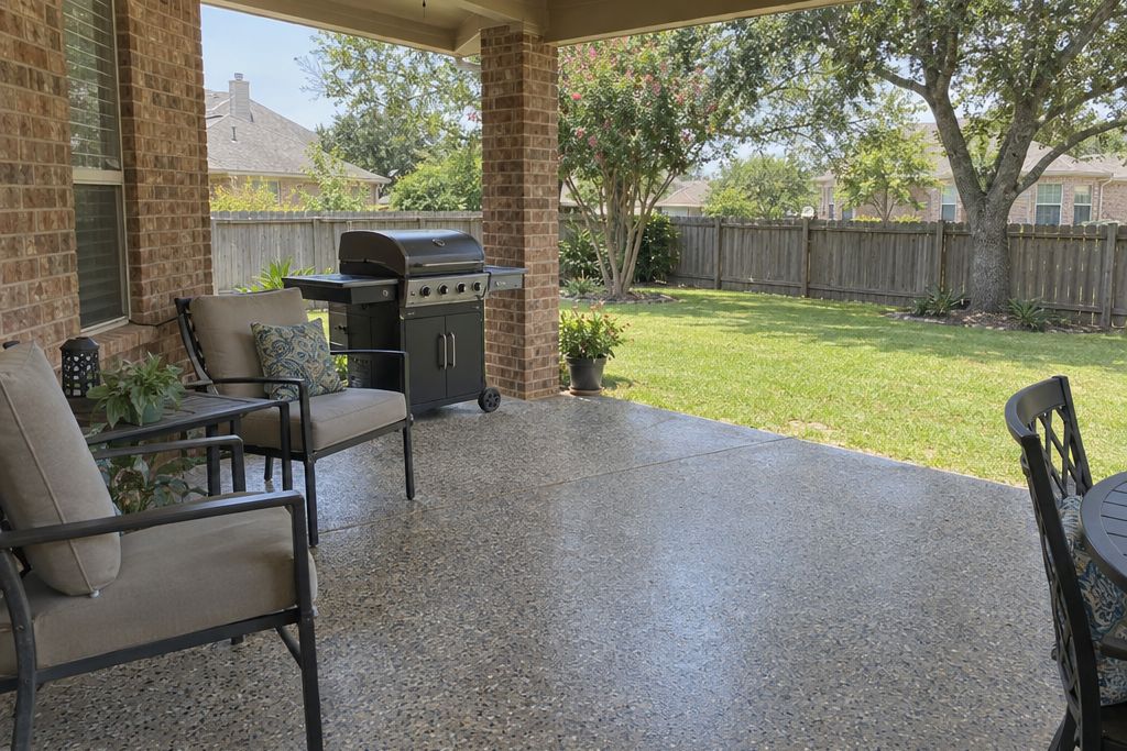 Newer subdivision house with a covered patio coated in a gray flake polyaspartic