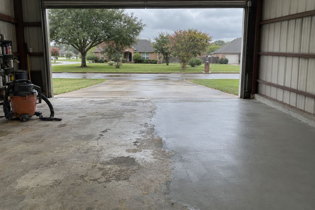 Older shop slab with patches and a partly applied resurfacer after storm damage