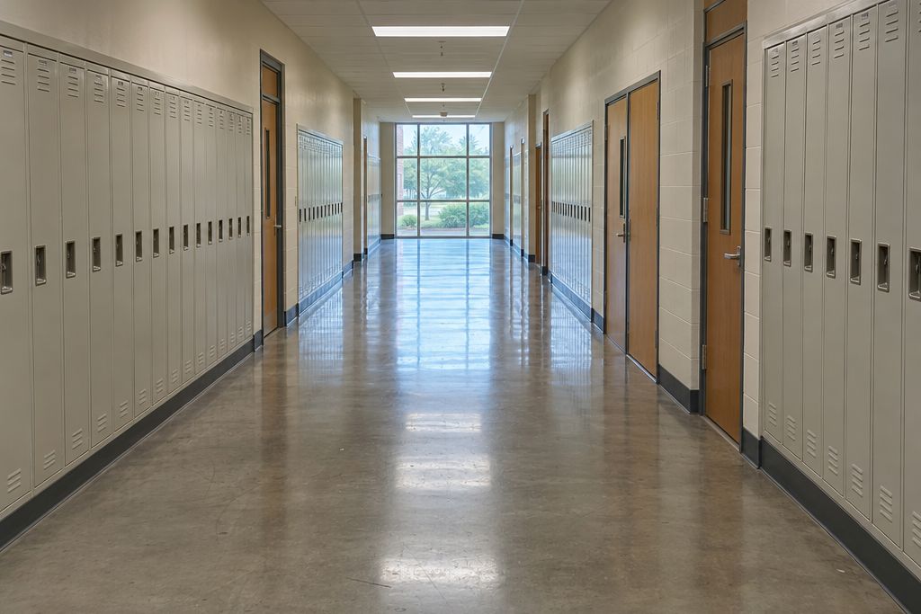 School corridor with a polished concrete floor, plain lockers and daylight from windows