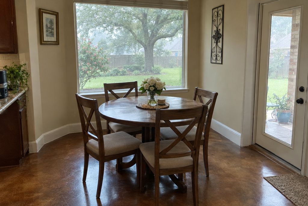 Freshly sealed stained concrete floor with a satin sheen in a breakfast room, hazy humid light outside the window