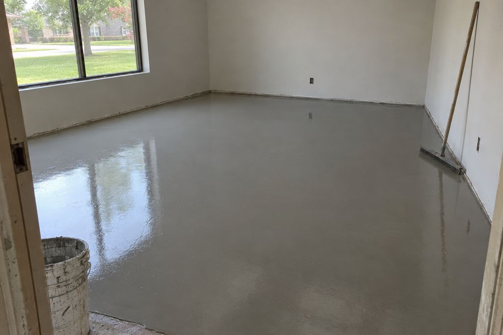 Freshly poured self-leveling cement topping spread across a room floor with a gauge rake leaning on the wall