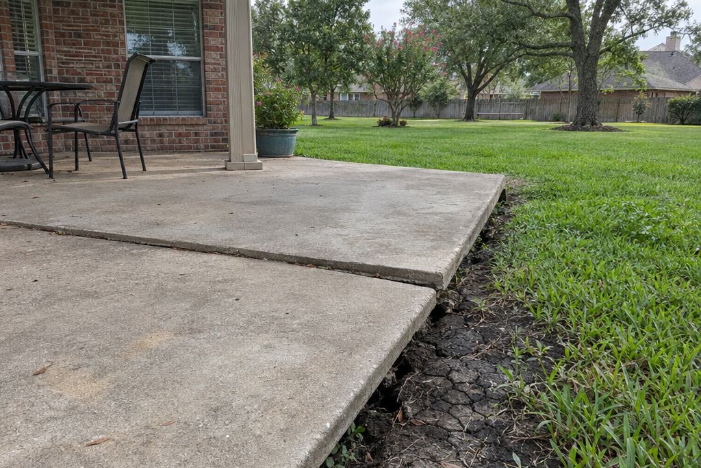 Patio slab section that has settled below its neighbor, leaving an uneven joint and a gap over dry cracked clay at the edge