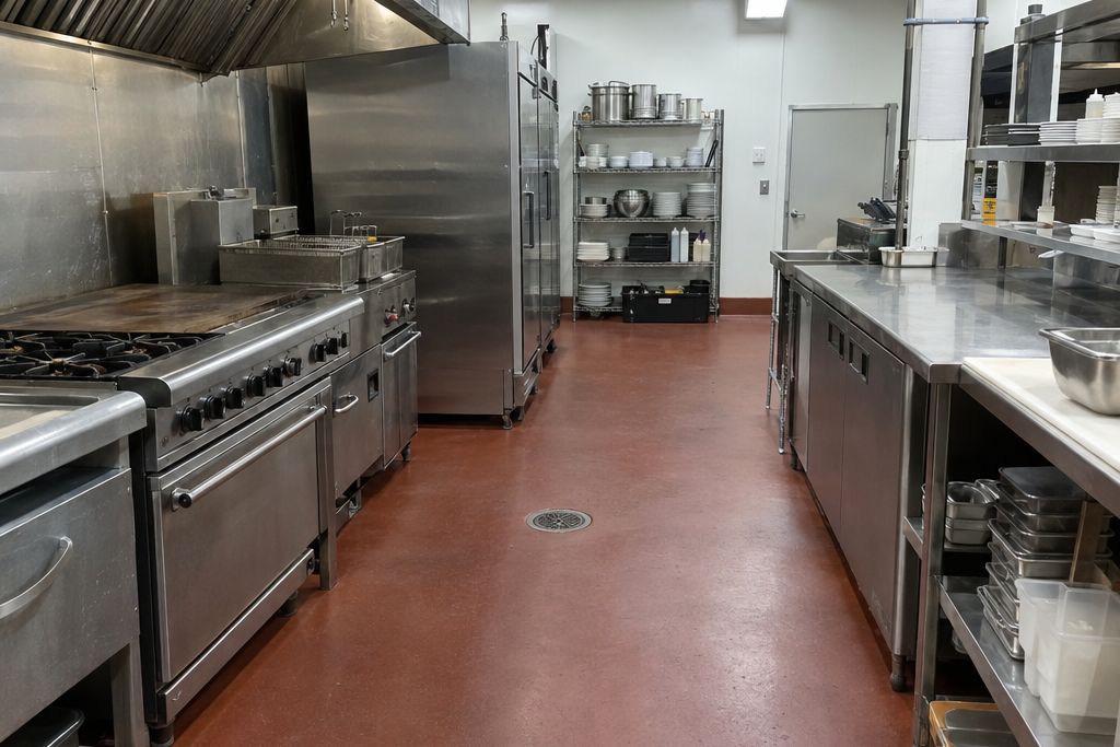 Neighborhood retail center restaurant kitchen with a red-brown urethane cement floor and floor drain