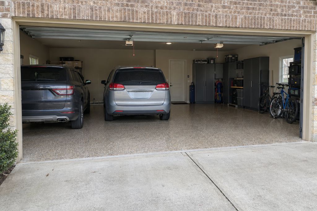 Three-car garage of a newer two-story brick and stone house with a tan flake epoxy floor and two cars