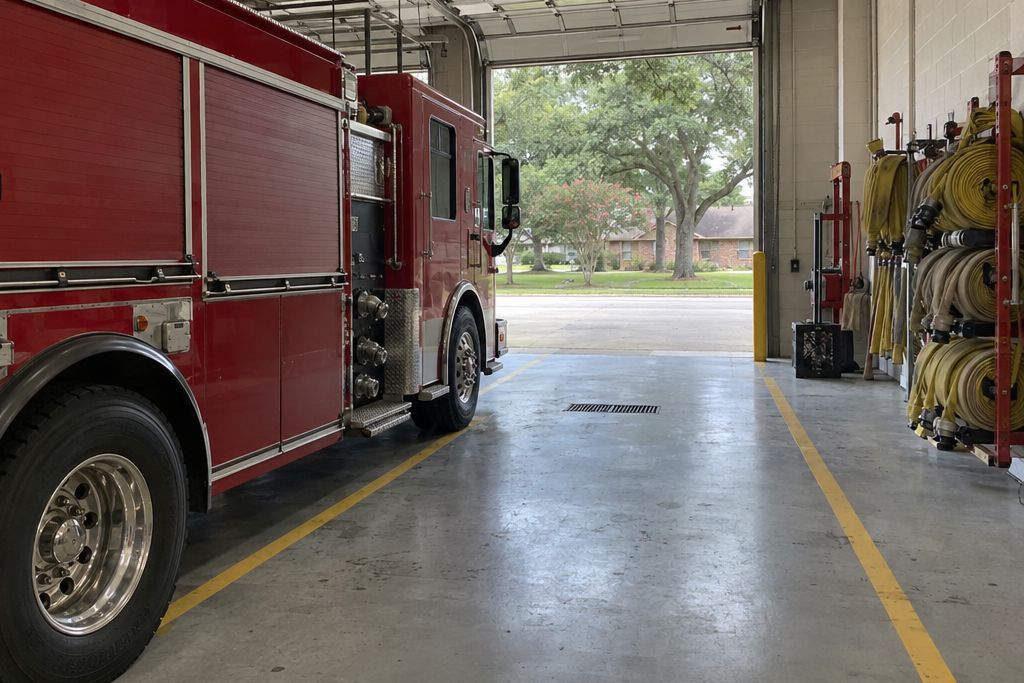Fire station apparatus bay with a gray coated floor, yellow lines and a fire engine partly in frame