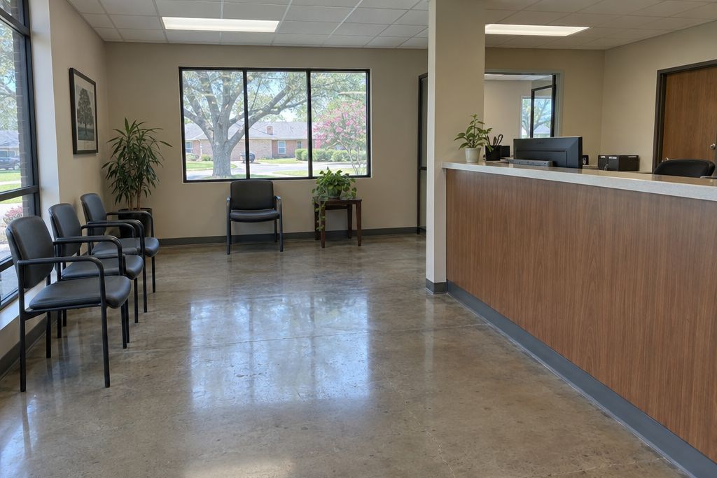 Public building lobby with a polished concrete floor and a service counter without signs