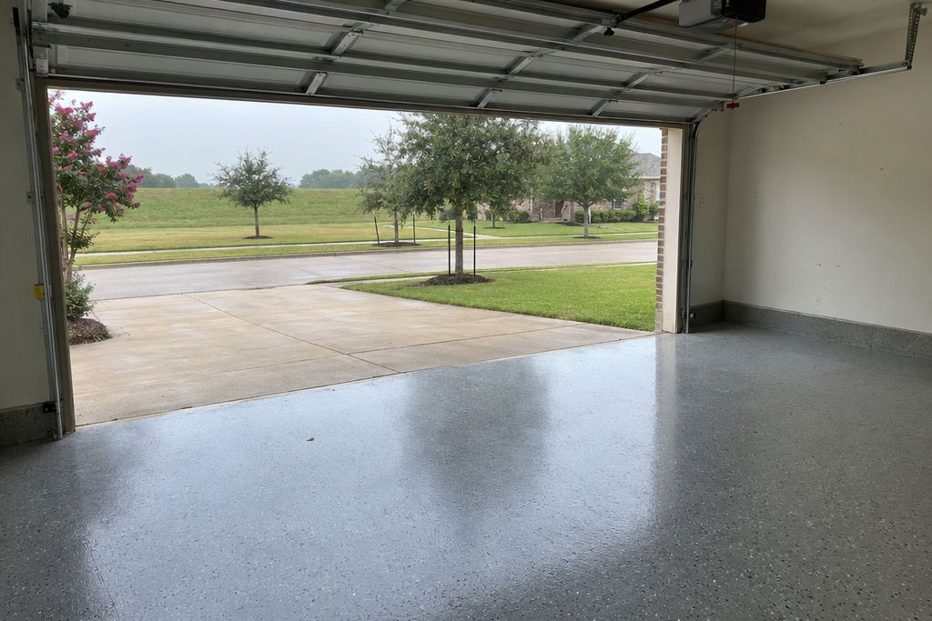 Newer garage with a light gray polyaspartic flake floor and the door open to a lake-view street