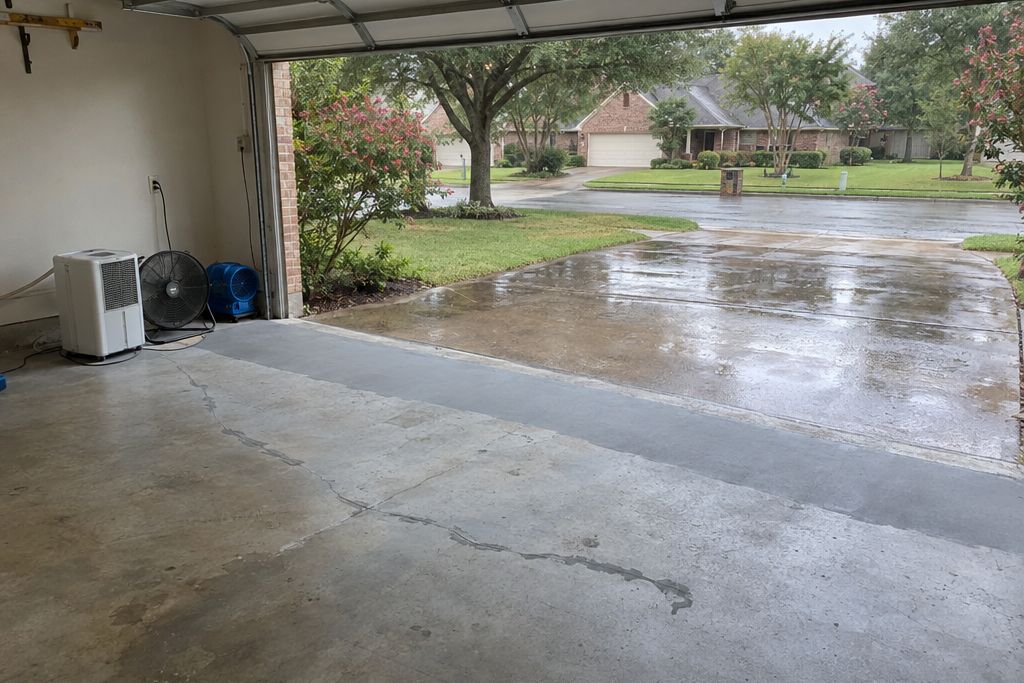 Garage slab with storm-related cracks being repaired, with a resurfacer spread near the door