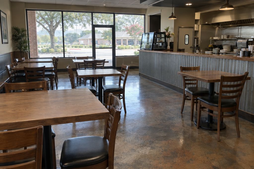 Small restaurant dining room with a muted bronze metallic epoxy floor, wooden tables and chairs in morning light