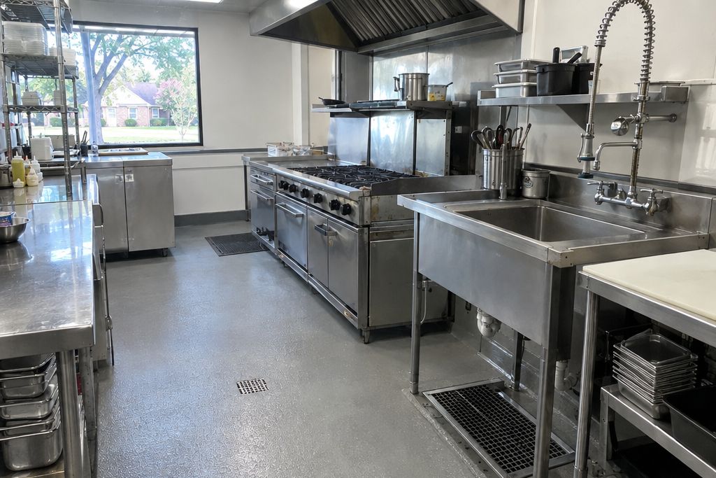 Commercial kitchen in a small restaurant with a gray textured floor and floor sink