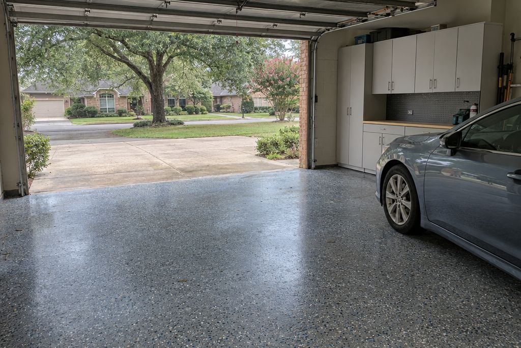 Garage of a 1980s brick house with a gray and blue flake epoxy floor and storage cabinets