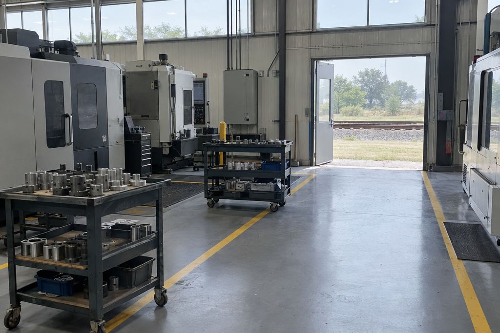 Manufacturing plant floor near a rail line with a gray epoxy floor and machinery
