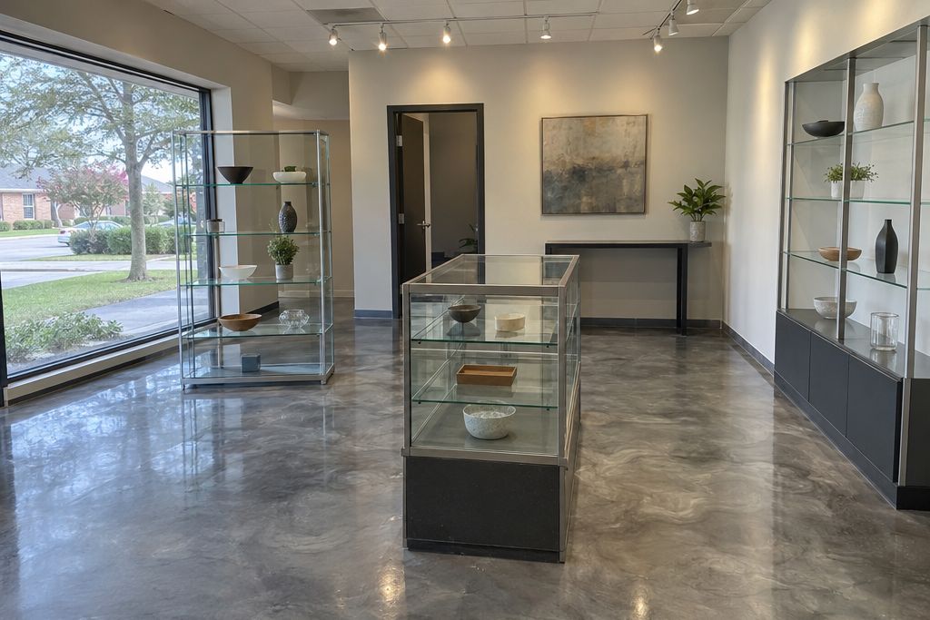 Small showroom with a silver and charcoal metallic epoxy floor, glass display shelves and ceiling spotlights