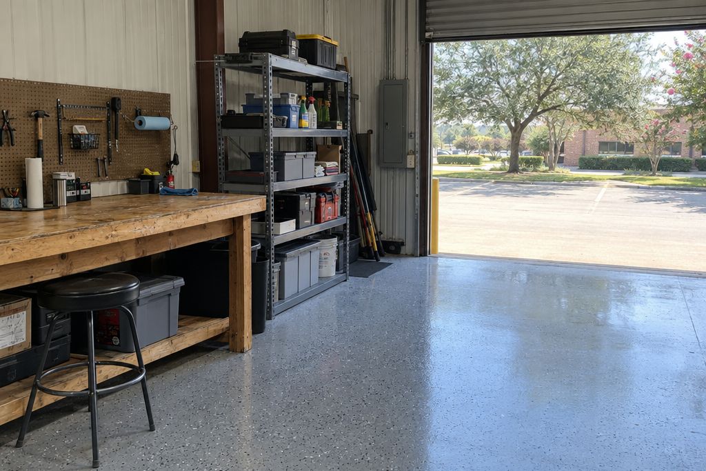 Small business shop floor with a gray polyaspartic coating and roll-up door open to a hot day