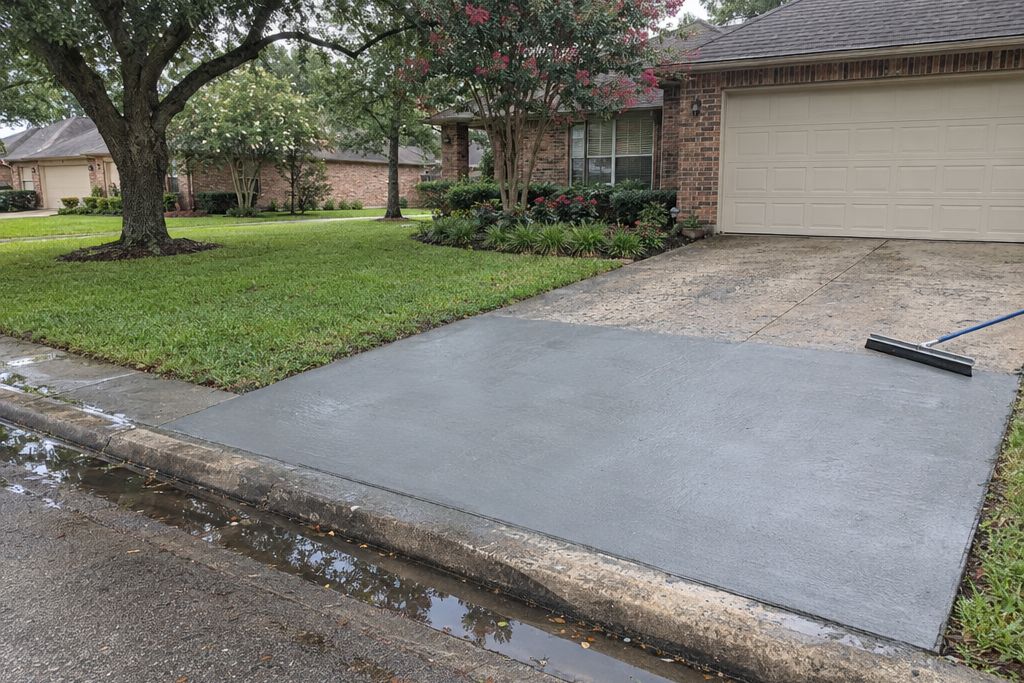 Driveway and garage apron slab being resurfaced on flat ground after rain