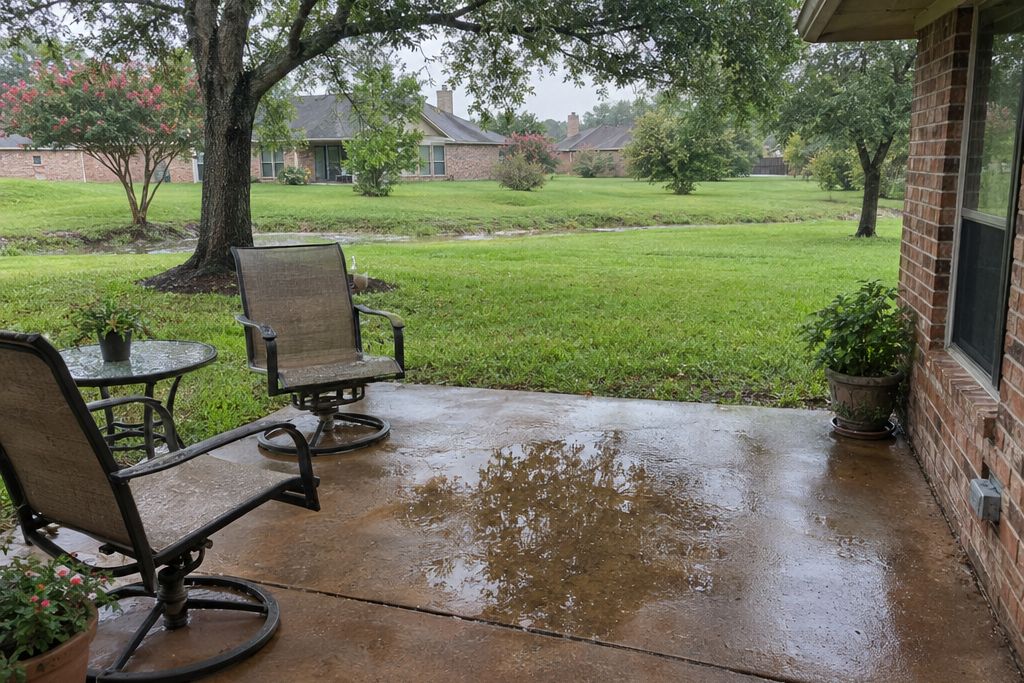 Wet flat patio of an older house with a brown stained concrete slab after rain