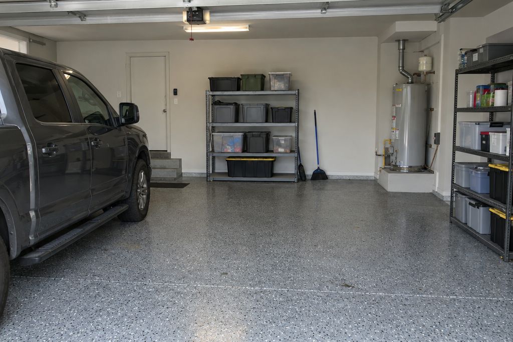 Two-car garage with a gray flake epoxy floor, satin sheen, a pickup partly in frame and metal shelves with storage bins along the wall
