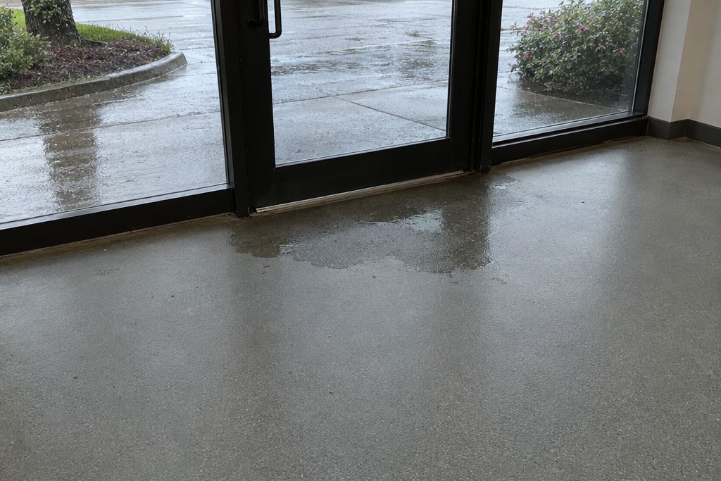 Commercial corridor near an entrance with a textured anti-slip epoxy floor and a damp patch inside the door