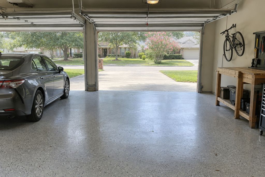 Three-car garage with a light gray flake polyaspartic floor, a sedan on one side and the overhead doors open to a bright afternoon