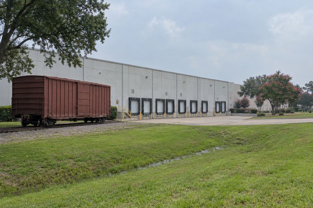 Tilt-wall warehouse with loading docks beside a rail spur in a flat Gulf Coast business park under a humid sky