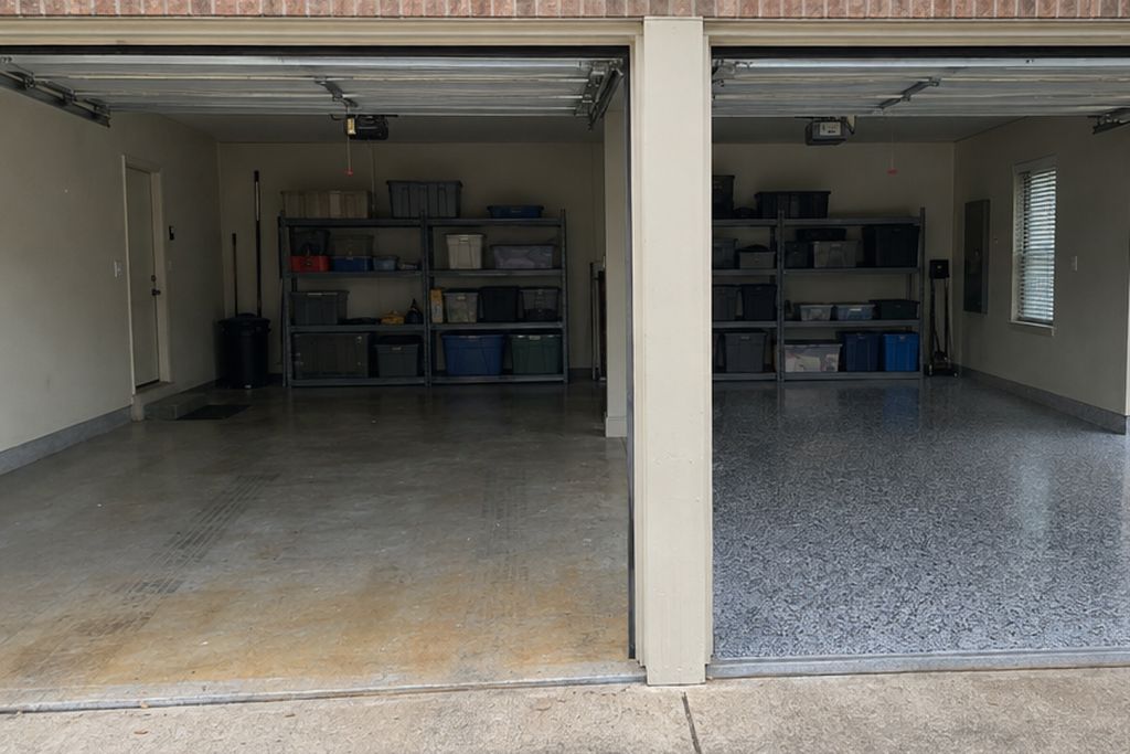Two-car garage with a center post: an older gray epoxy floor with an amber tint by the open door beside a newer gray flake floor with a clear topcoat