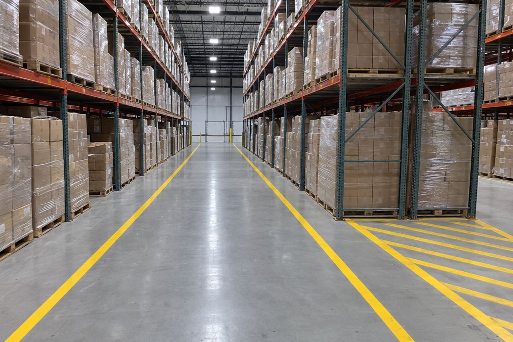 Warehouse aisle with bright yellow floor stripes on a gray epoxy floor between pallet racks under LED lights
