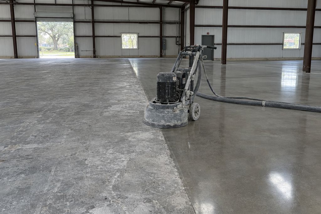 Warehouse floor mid-polish with a dull ground strip beside a low-sheen polished strip and a walk-behind grinder parked