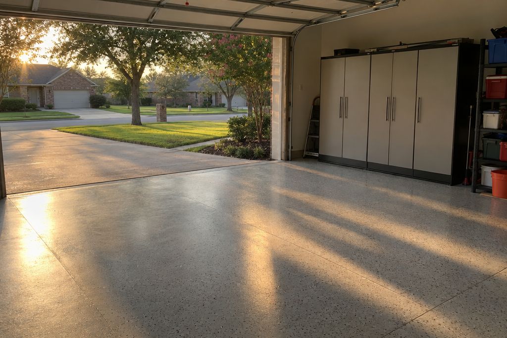 West-facing garage with the door open in late afternoon, low sun stretching across a light gray flake floor